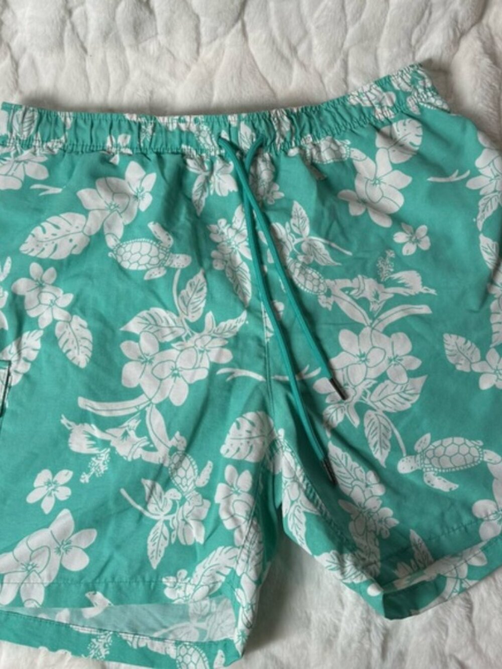RAINFOREST turquoise Turtle Men's Swim Trunks Lined Pockets Tie Front Size Small